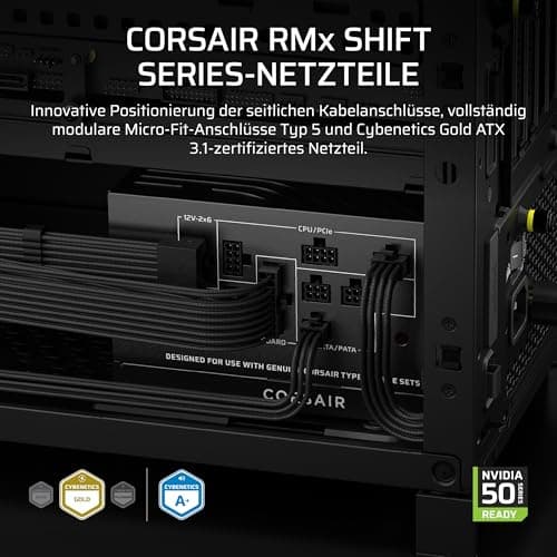 CORSAIR RM750x Shift (2025) Vollmodulares ATX-Netzteil – Modulare Seitenschnittstelle, 12-V-2x6-Kabel, ATX 3.1 und PCIe 5.1, Lüftergeschwindigkeit, 105°C-Kondensatoren, Cybenetics Gold – Schwarz 750w Bild 2