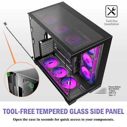 ANSAITE ATX PC-Gehäuse 9×120 mm ARGB PWM-Lüfter vorinstalliert ，Mid-Tower Gaming PC-Gehäuse, Panorama-Gehärtetes Glas Schwarz Computer-Gehäuse mit Typ-C, 360mm Radiator Unterstützung，H-D9 (Schwarz) Bild 6