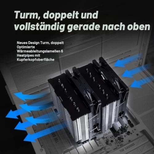 Scythe Magoroku Dual-Tower-CPU-Luftkühler mit zwei Lüftern, unterstützt Intel LGA1700, LGA1151, AMD AM5 und AM4, 120 mm Breite, 6 x 6 mm Heatpipes zur Wärmeabfuhr, leise Lüfter, 370k Stunden MTTF Bild 6