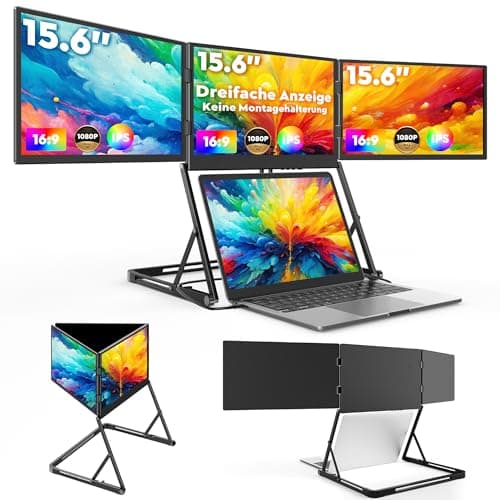 HONGO Laptop Bildschirm Erweiterung, 15.6" Triple Portable Monitor, 1080P FHD IPS Portable 3 Monitor, Laptop Screen Extender, Kompatibel mit Wins/Mac Laptops (Nur 2 Kabel für 3 Bildschirme) Triple 15,6 zoll Schwarz Bild 2
