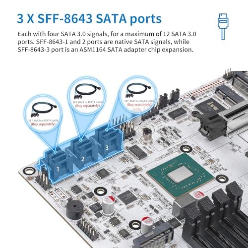 CWWK W680 NAS Motherboard Micro ATX 12 Bay, LGA 1700 mATX Weiß PC Mainboard mit 10GbE&2 * 2.5GbE LAN, 4 x DDR5 Desktop RAM (ECC), 3 x NVMe, PCIe5.0 x16, vPro (3X 4-SATA Cable) Bild 7