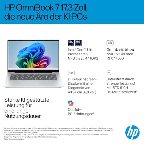 HP OmniBook 7 Intel Core Ultra 7 258V Next Gen AI PC, Copilot+ PC, 17.3 Zoll FHD Touch Display, 47 Tops, 32GB LPDDR5x RAM, 1TB PCIe Gen4 SSD, Intel Arc 140 V GPU, QWERTZ, Windows 11, Silber Bild 4
