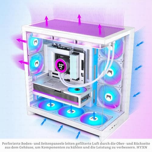H2(2026) HYXN PC Gehäuse ATX mit 8 Lüfter(6X140 und 2X120) Groß Dual Kammer Mid-Tower Computer Gehäuse Airflow Gaming PC-Gehäuse,Unterstützt 420mm-Wasserkühler,Gaming Gehäuse (Weiß, H2) Weiß H2 Bild 6