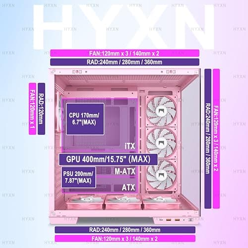 H1 ATX PC Gehäuse – Vorinstallierte 7 PWM ARGB Lüfter, Dual Kammer Mid Tower Gaming PC Gehäuse, mit Type-C, gleichzeitige Installation von 3X 360 mm Kühler (Rosa, H1) H1 Rosa Bild 8