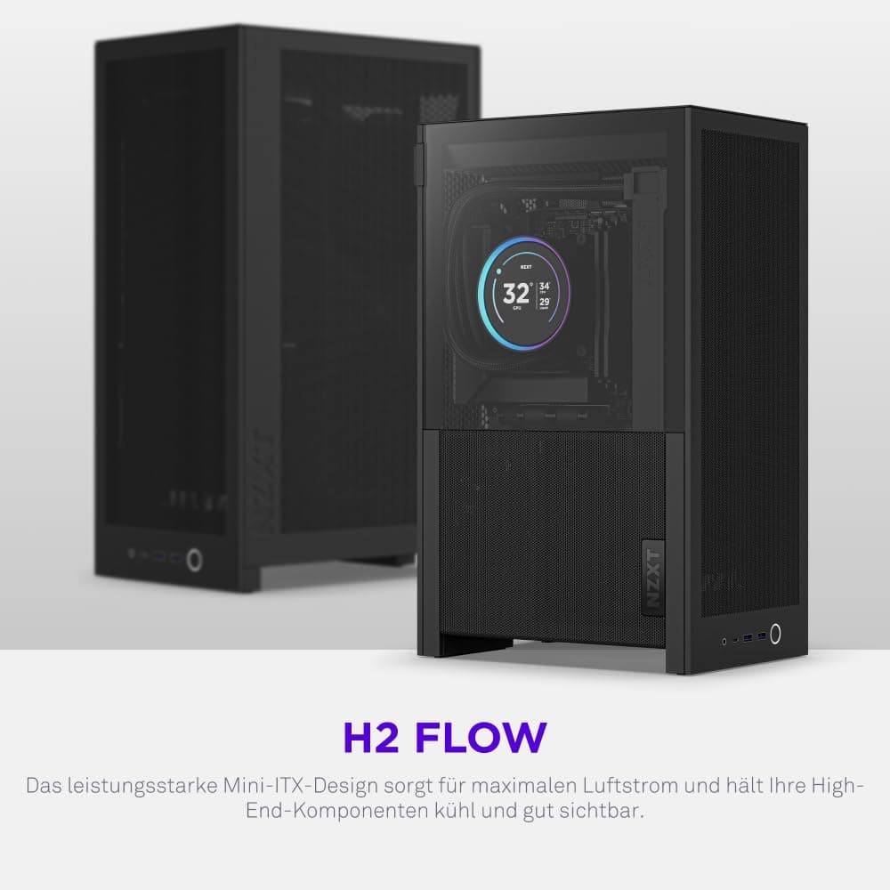 NZXT H2 Flow – Mini-ITX 20,7L High-Airflow PC-Gehäuse – Inkl. 2 x 120-mm-Lüfter Oben & PCIe 5.0-Riser Cable– 331-mm-Grafikkarte – 280-mm-Radiator – Schwarz Bild 3