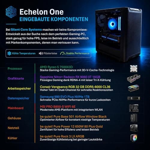 “Echelon One” Gaming PC | AMD Ryzen 5 7500X3D | Sapphire Nitro+ RX 9060 XT 16 GB | Corsair 32 GB DDR5 RAM | Samsung 1 TB SSD | MSI PRO B850 Wi-Fi | be Quiet! 650 W Gold Bild 4
