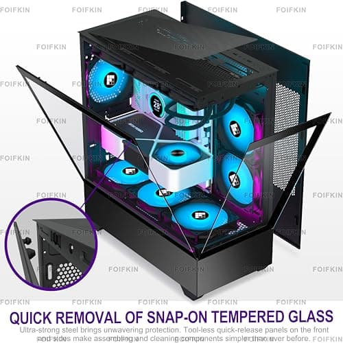 FOIFKIN F1 PC Gehäuse ATX- Pre-Install 6 PWM ARGB Lüfter, Mid-Tower Computer Gehäuse, Gaming PC- Gehäuse,270° Panorama Tempered Glass,mit Type-C, ATX Gehäuse (Schwarz, F1) Schwarz F01 Bild 4