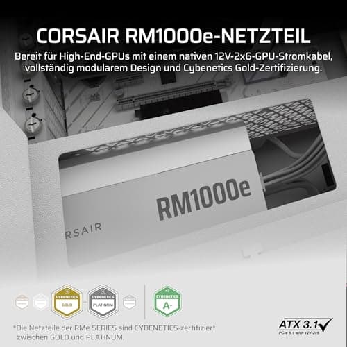 CORSAIR RM1000e (2025) Geräuscharmes Vollständig Modulares ATX-Netzteil mit 12V-2x6 Kable – Zero RPM-Lüftermodus, ATX 3.1-Konform, PCIe 5.1-Unterstützung, Cybenetics Gold – Weiß Weiß 1000 Watts RMe (2025) Bild 4