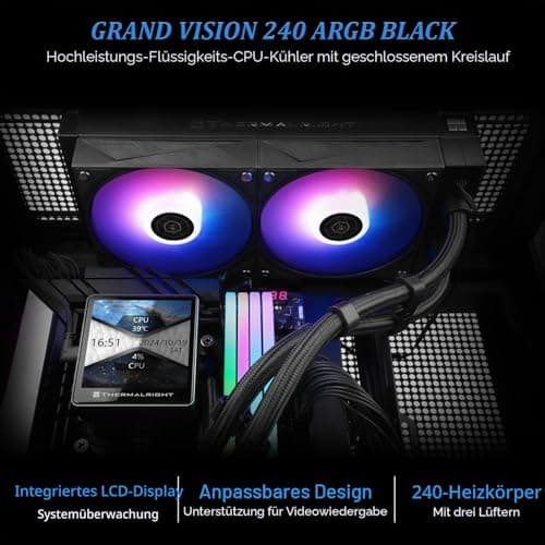 TR Grand Vision 240 ARGB Black AIO CPU Liquid Cooler, IPS LCD Screen mit 480 x 480 Auflösung, für AM5/LGA1851/1700, 3,4 Zoll (8,9 cm), magnetisch-absorbierender LCD-Bildschirm für Bilder – lackiert Bild 6