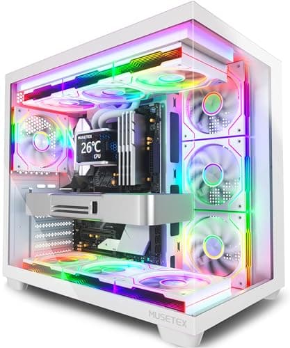 MUSETEX Y6 PC Gehäuse Vorinstallation 7 Infinity Mirror PWM ARGB-Lüfter, ATX Mid Tower Computer Gehäuse, Gaming PC Gehäuse mit Type-C, 270° Full View Tempered Glass, Weiß 42,5T x 27,5B x 39,8H cm Bild 2