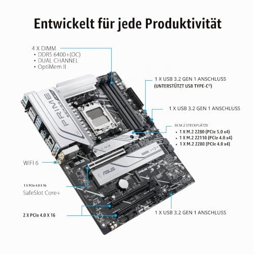 ASUS Prime X670-P WiFi Gaming Mainboard Sockel AMD AM5 (Ryzen 7000, ATX, PCIe 5.0, 3X M.2, DDR5-Speicher, WiFi6, USB 3.2 Gen 2x2 Typ-C, Aura Sync RGB-Beleuchtung) Bild 6