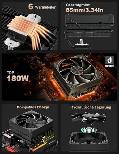upHere gaming H85K6 85mm Height Low Profile CPU Kühler,6 Heatpipes CPU Cooler,Platzsparendes MINI ITX AM4 Profile Design,180W TDP CPU Kühler,120×120×25mm Lüfter,Für AMD AM4 AM5/Intel 1700,PC Kühler schwarz Bild 4