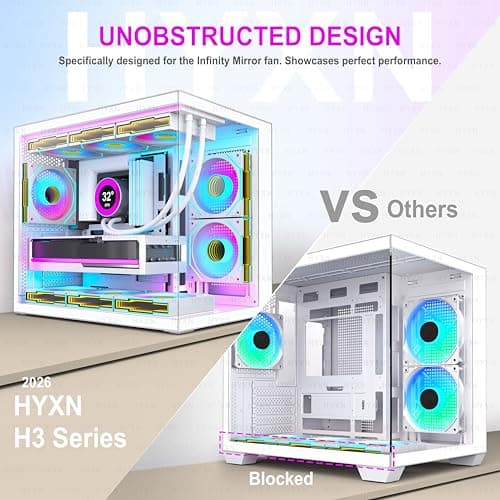 H3(2026) PC Gehäuse ATX –Vorinstalliert 6 Infinity Mirror PWM ARGB-Lüftern, Kompakter ATX Dual Kammer Mid Tower Gaming PC Gehäuse, 360MM Rad Unterstützung,mit Type-C 3.2 (Weiß) Bild 8