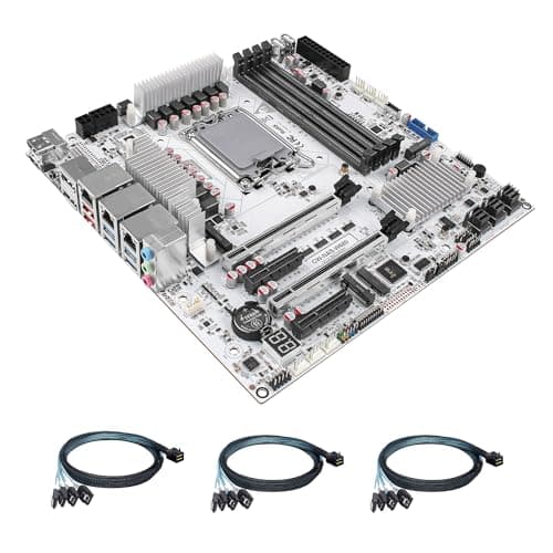 CWWK W680 NAS Motherboard Micro ATX 12 Bay, LGA 1700 mATX Weiß PC Mainboard mit 10GbE&2 * 2.5GbE LAN, 4 x DDR5 Desktop RAM (ECC), 3 x NVMe, PCIe5.0 x16, vPro (3X 4-SATA Cable)