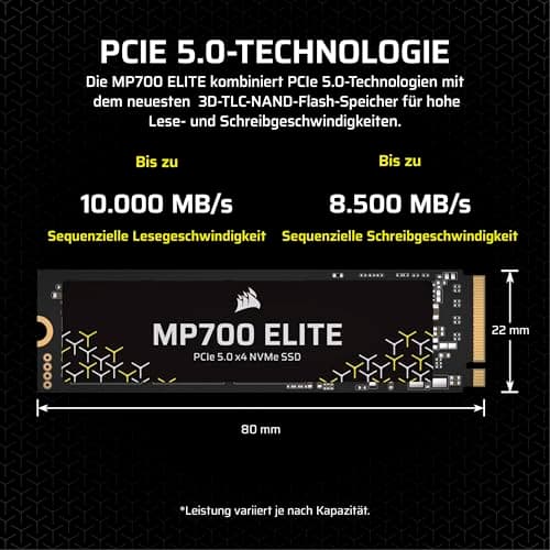 Corsair MP700 Elite 1TB PCIe 5.0 x4 NVMe M.2 SSD – Bis zu 10,000MB/sec – Hohe Dichte 3D TLC NAND – M.2 2280 – Kompatibel mit DirectStorage – Schwarz Bild 6