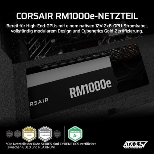 CORSAIR RM1000e (2025) Geräuscharmes Vollständig Modulares ATX-Netzteil mit 12V-2x6 Kable – Zero RPM-Lüftermodus, ATX 3.1-Konform, PCIe 5.1-Unterstützung, Cybenetics Gold – Schwarz Schwarz 1000 Watts RMe (2025) Bild 3