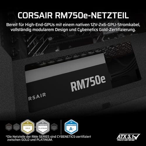 CORSAIR RM750e (2025) Geräuscharmes Vollständig Modulares ATX-Netzteil mit 12V-2x6 Kable – Zero RPM-Lüftermodus, ATX 3.1-Konform, PCIe 5.1-Unterstützung, Cybenetics Gold – Schwarz Schwarz 750 Watts RMe (2025) Bild 4