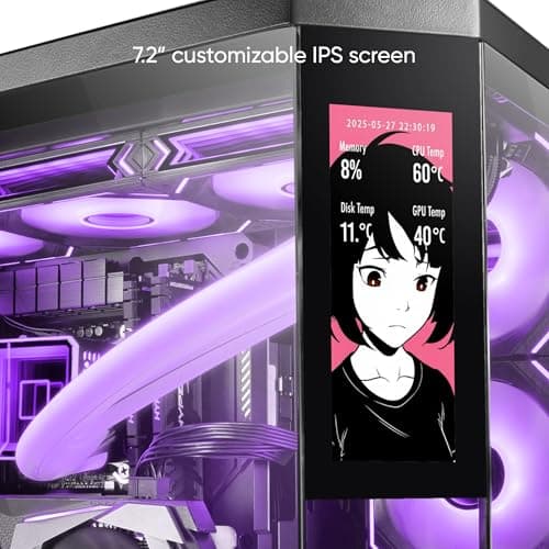 Mars Gaming MC-3TCORELCD ATX Gaming-Gehäuse, anpassbarer 7,2" IPS-Bildschirm, dreifaches herausnehmbares gehärtetes Glas, Doppelkammerstruktur, Unterstützung für Flüssigkeitskühlung bis 360mm, Schwarz Bild 4