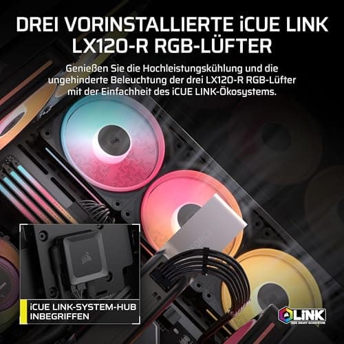 CORSAIR 3500X LX-R RGB iCUE LINK Panoramaglas Mid-Tower-PC-Gehäuse – 3 x LX120-R RGB-Lüfter und iCUE LINK System Hub Inklusive, GPU-Anti-Sag-Arm, Platz für bis zu 10 x 120-mm-Lüfter – Schwarz Bild 5