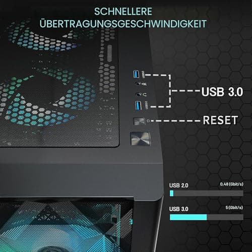 MUSETEX ATX PC Gehäuse Pre-Install 6 PWM ARGB Lüfter, Polygonal Mesh Computer Gaming Gehäuse, Öffnung gehärtetes Glas Seitenwand Mid-Tower Gehäuse, USB 3.0 x 2, Schwarz, NN8 Bild 8