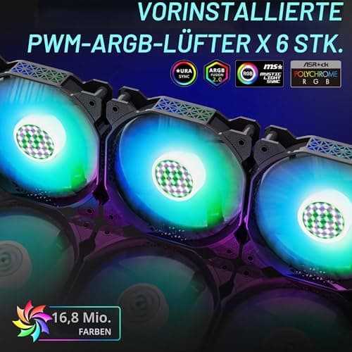MUSETEX ATX PC Gehäuse Pre-Install 6 PWM ARGB Lüfter, Polygonal Mesh Computer Gaming Gehäuse, Öffnung gehärtetes Glas Seitenwand Mid-Tower Gehäuse, USB 3.0 x 2, Schwarz, NN8 Bild 4