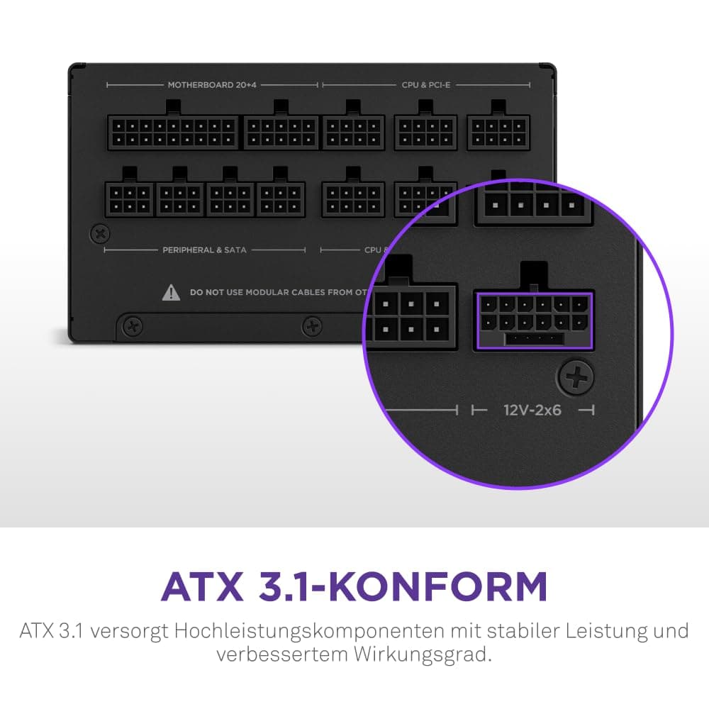 NZXT C1000 Gold ATX 3.1 - Vollständig modulares, geräuscharmes PC-Gaming-Netzteil - 1000 Watt - 80 Plus Gold - 12V-2x6-Anschluss - Zero Fan-Modus - 100% japanische Kondensatoren - Schwarz 1000W 80 Plus Gold ATX 3.1 Schwarz Bild 6