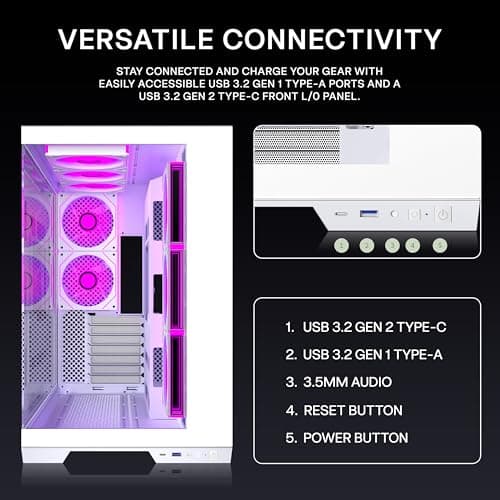ANSAITE ATX PC-Gehäuse 7×120 mm ARGB PWM-Lüfter vorinstalliert ，Mid-Tower Gaming PC-Gehäuse, Panorama-Gehärtetes Glas Schwarz Computer-Gehäuse mit Typ-C, 360mm Radiator Unterstützung，H-D9 (Weiß) Bild 7