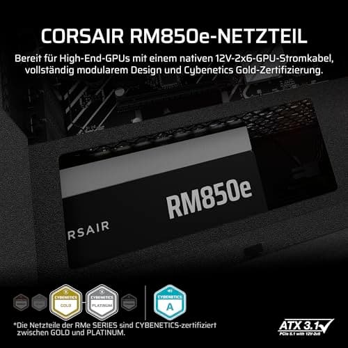 CORSAIR RM850e (2025) Geräuscharmes Vollständig Modulares ATX-Netzteil mit 12V-2x6 Kable – Zero RPM-Lüftermodus, ATX 3.1-Konform, PCIe 5.1-Unterstützung, Cybenetics Gold – Schwarz Schwarz 850 Watts RMe (2025) Bild 4