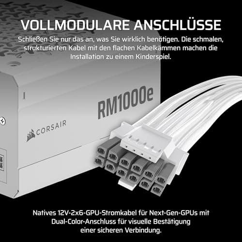 CORSAIR RM1000e (2025) Geräuscharmes Vollständig Modulares ATX-Netzteil mit 12V-2x6 Kable – Zero RPM-Lüftermodus, ATX 3.1-Konform, PCIe 5.1-Unterstützung, Cybenetics Gold – Weiß Weiß 1000 Watts RMe (2025) Bild 8