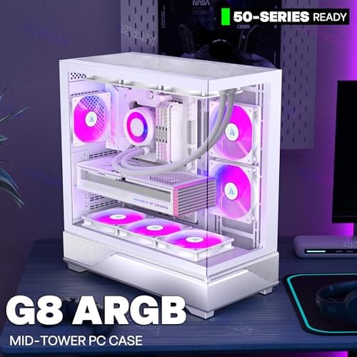 ANSAITE ATX PC-Gehäuse 6×120 mm ARGB PWM-Lüfter vorinstalliert ，Mid-Tower Gaming PC-Gehäuse, Panorama-Gehärtetes Glas Schwarz Computer-Gehäuse mit Typ-C, 360mm Radiator Unterstützung (Weiß) Bild 4