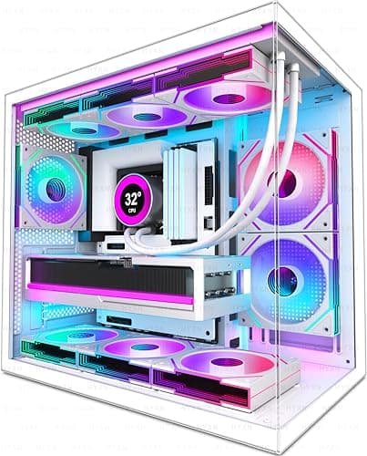 H3(2026) PC Gehäuse ATX –Vorinstalliert 6 Infinity Mirror PWM ARGB-Lüftern, Kompakter ATX Dual Kammer Mid Tower Gaming PC Gehäuse, 360MM Rad Unterstützung,mit Type-C 3.2 (Weiß) Bild 2
