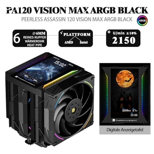 TR-Thermalright Peerless Assassin 120 Vision MAX ARGB Black CPU-Kühler, Dual-Tower-Design mit 6 Heatpipes und 5 Zoll IPS-Display, zwei 120mm PWM-Lüfter, für AM5/AM4 und Intel LGA1851/1700/115x/1200 Bild 4