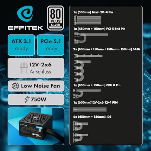 750 Watt Netzteil für PC Gaming ATX 3.1 und PCIe 5.1 kompatibel [Silber Serie] 80 Plus Silber I 12V Netzteil I für PC Gehäuse ATX I Power Supply I ATX Netzteil I 12V 2x6 Kabel GPU I leise Bild 4