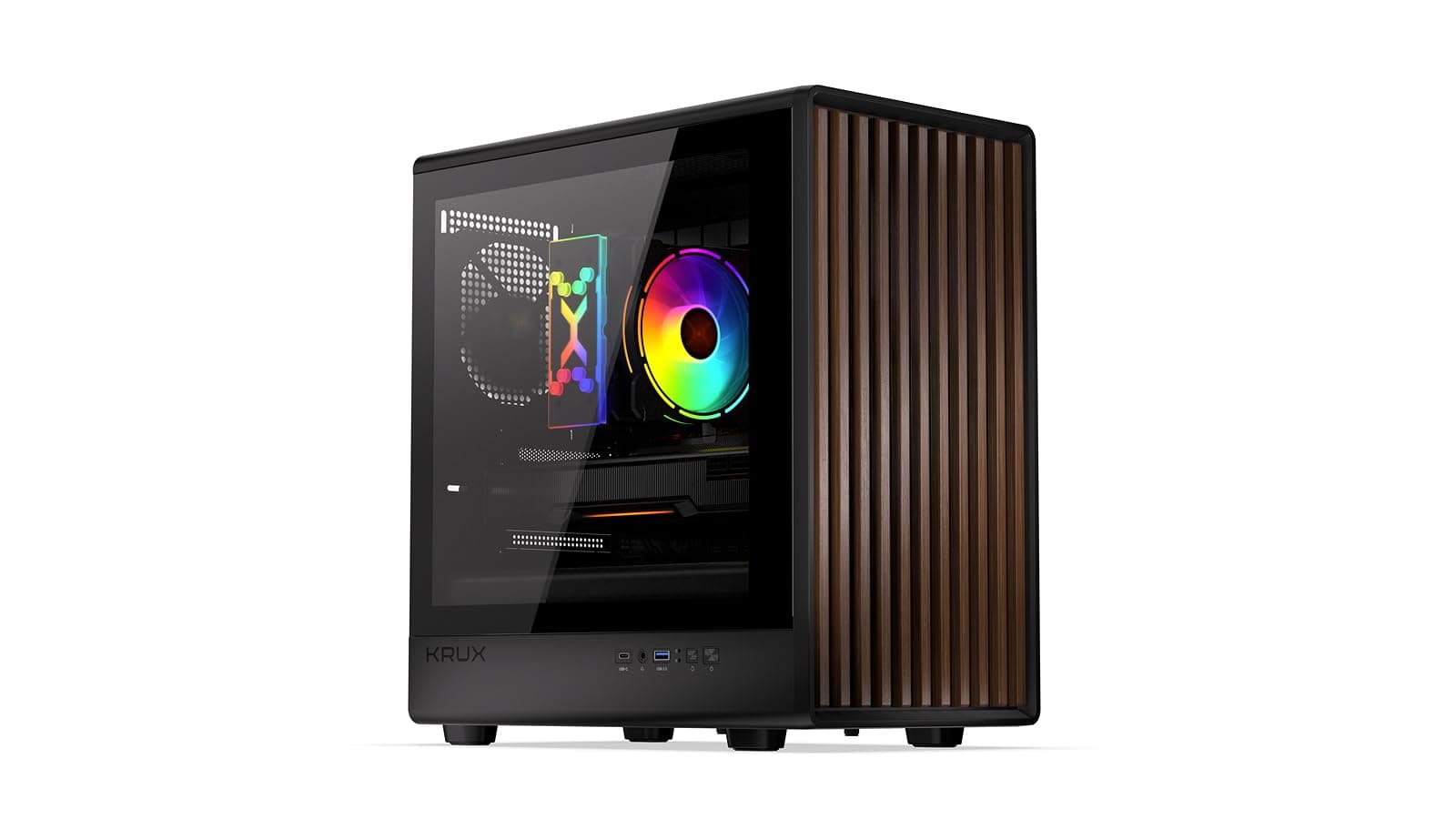 KRUX Helio, microATX Mini ITX Gehäuse, Echtholz Design, Glasfenster, 120mm PWM Lüfter, USB-C, USB 3.0, GPU bis 320mm, CPU bis 175mm, Staubfilter, Schwarz mit Holz-Front Bild 3