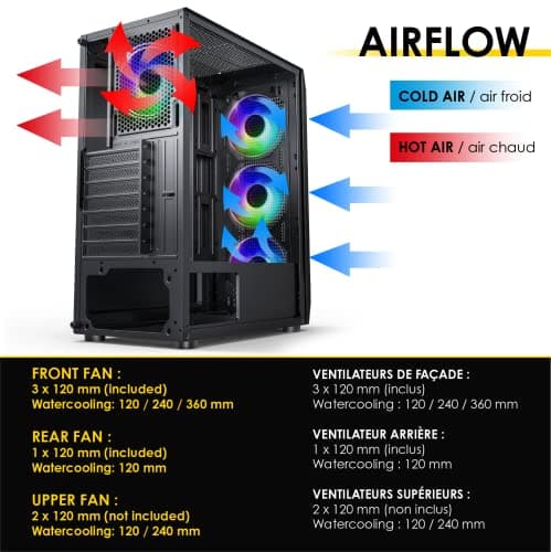 EMPIRE GAMING - PC-Gehäuse Gamer Ruby – ARGB Mittelgroßer Tower ATX, MATX, ITX – Netzblende – Seitenwand aus Acrylglas – 4 Ventilatoren 3 Pin 5V LED RGB Adressierbar 120 mm – MB Sync – Schwarz Ruby B Bild 8
