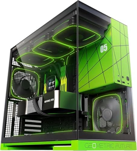 Geometric Future M5 Tempered Glass Mid Tower, E-ATX/ATX Gaming Case, 1.2mm Steel, Type C, Toolless Panels, Support 420/360 Radiator, ARGB PWM 140m Fan x 5 Pre-Installed, Black/Green, GEO-M5F-BNY schwarz/grün Glasver mit 140 x 5 Lüftern Bild 2