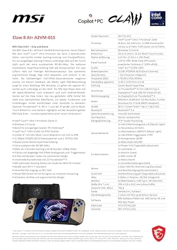 MSI Claw 8 AI+ Gaming Handheld, 8 Zoll FHD+ 120 Hz Display, Intel Core Ultra 7 Prozessor 258V, 32 GB RAM, 1 TB SSD, Intel Arc Grafik, Windows 11 Home, Schwarz/Sandstorm, A2VM-015 Bild 4