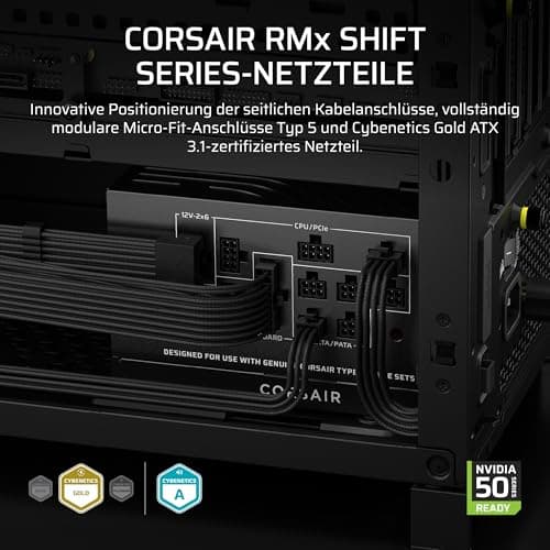 CORSAIR RM1000x Shift (2025) Vollmodulares ATX-Netzteil – Modulare Seitenschnittstelle, 12-V-2x6-Kabel, ATX 3.1 und PCIe 5.1, Lüftergeschwindigkeit, 105°C-Kondensatoren, Cybenetics Gold – Schwarz 1000w Bild 2