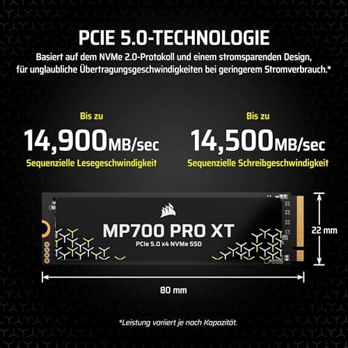 Corsair MP700 PRO XT 2TB PCIe 5.0 NVMe M.2 SSD – Bis zu 14.900 MB/s, Gen5-Geschwindigkeit, DirectStorage Ready für Gaming-PCs – Schwarz Bild 6