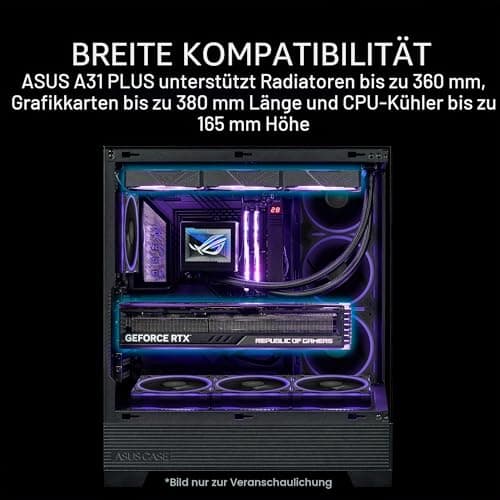 ASUS A31 Plus TG ARGB Black ATX PC Gehäuse (vorinstallierte ARGB-Lüfter, Frontpanel aus Glas, kompatibel mit Mainboards mit versteckten Anschlüssen, 360-mm-Radiatoren, 380-mm-Grafikkarten, schwarz) Bild 8