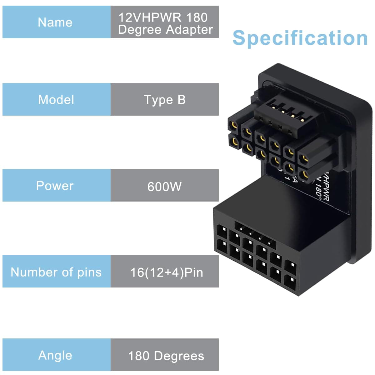 12VHPWR 180-Grad-Winkeladapter, Pcie5.0 ATX 3.0 600 W 16-poliger GPU-PCIe-Netzadapter, Buchse auf Stecker für 12+4-polige RTX 3090Ti 4070Ti 4080 4090 Grafikkarte GPU (Typ B) Bild 7