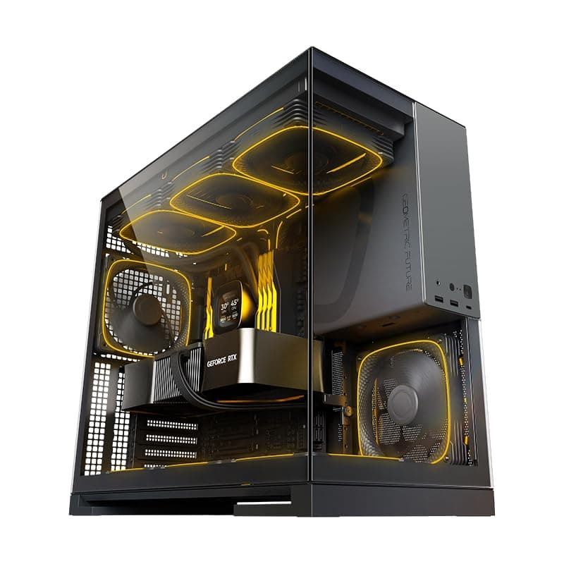 Geometric Future M5 Tempered Glass Mid Tower, E-ATX/ATX Gaming Case, 1.2mm Steel, Type C, Toolless Panels, Support 420/360 Radiator, ARGB PWM 140m Fan x 5 Pre-Installed, Black/Grey, GEO-M5F-BG Black/Gray Glasver mit 140 x 5 Lüftern
