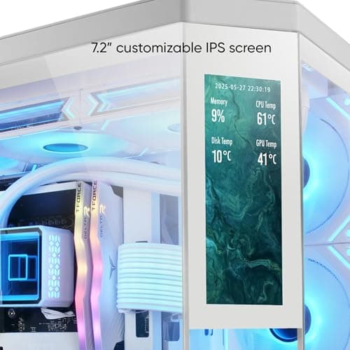Mars Gaming MC-3TCORELCD ATX Gaming-Gehäuse, anpassbarer 7,2" IPS-Bildschirm, dreifaches herausnehmbares gehärtetes Glas, Doppelkammerstruktur, Unterstützung für Flüssigkeitskühlung bis 360mm, Weiß Bild 4