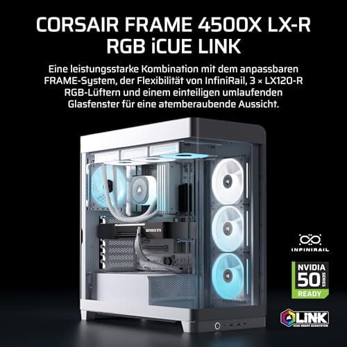 CORSAIR Frame 4500X LX-R RGB LINK Panoramaglas Mid-Tower-PC-Gehäuse – InfiniRail Lüftermontagesystem, Passend für Zwei 360 mm Radiatoren, GPU Anti-Sag, Enthält 3X LX120R RGB LINK Lüfter – Weiß Bild 4