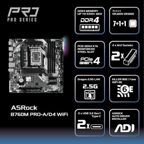 ASRock Motherboard B760M Pro-A/D4 WiFi, Intel 12. Generation und 13. Generation CPU (LGA1700), B760 Chipsatz, DDR4, Bluetooth ausgestattet, Micro ATX Motherboard 1. DDR4 M-ATX WLAN-Modell Bild 8