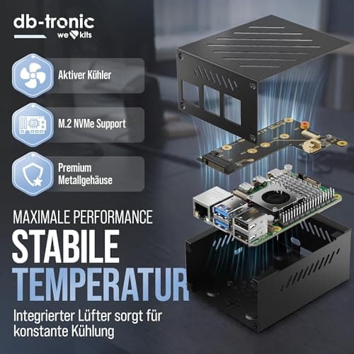 db-tronic Raspberry Pi 5 8GB PCIe M.2 NVMe Set | 64GB Edition | Netzteil 27W | Metallgehäuse | Active Cooler | M.2 NVMe SSD PCIe Board | Ideal für Smart Home, Retro Gaming & Home Assistant 8GB RAM Bild 5