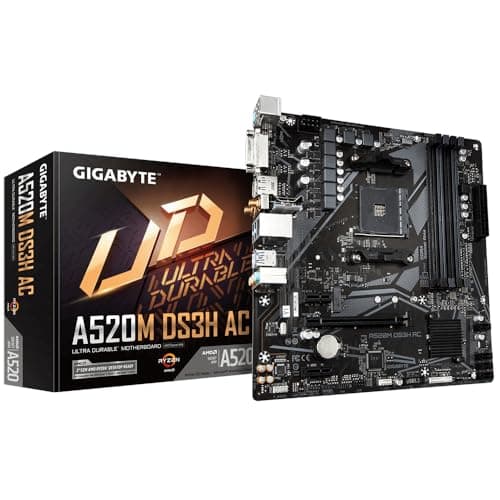 GIGABYTE A520M DS3H AC Mainboard - AMD Ryzen 5000 Serie CPUs, 5+3 Phasen VRM, bis zu 4733 MHz DDR5 (OC), 1xPCIe 3.0 M.2, GbE LAN, WiFi 5, USB 3.2 Gen 1