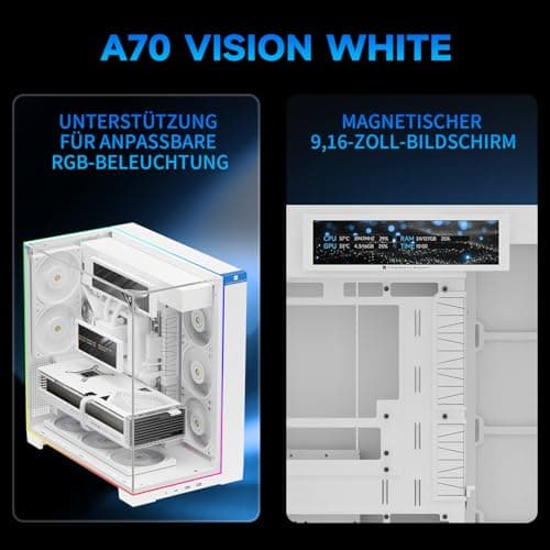 Thermalright A70 Vision Weiß PC Gehäuse mit 9,16-Zoll-Display, Panorama-Sicherheitsglas, ATX-Tower Unterstützt ATX-Mainboard/42cm-Grafikkarten,mit ARGB-Lichtleiste und verstecktem Kabelmanagement Weiß-A70 Vision White Bild 8
