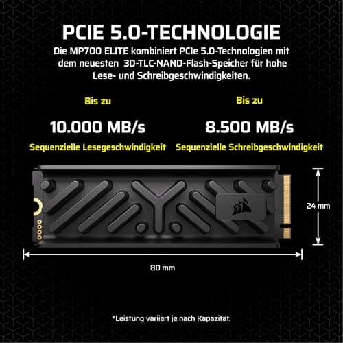 CORSAIR MP700 ELITE 4TB PCIe 5.0 NVMe M.2 SSD mit Kühlkörper – bis zu 9.400 MB/s Lesen, 8.100 MB/s Schreiben, Gen5 Geschwindigkeit für PC & Laptop – Schwarz Bild 6