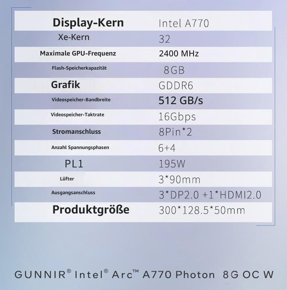 WEELIAO GUNNIR Intel Arc A770 Photon 16GB OC GDDR6 2400MHz Triple Fan White Grafikkarte (256-Bit, PCIe 4.0, HDMI/DisplayPort, unterstützt 4k) Bild 8